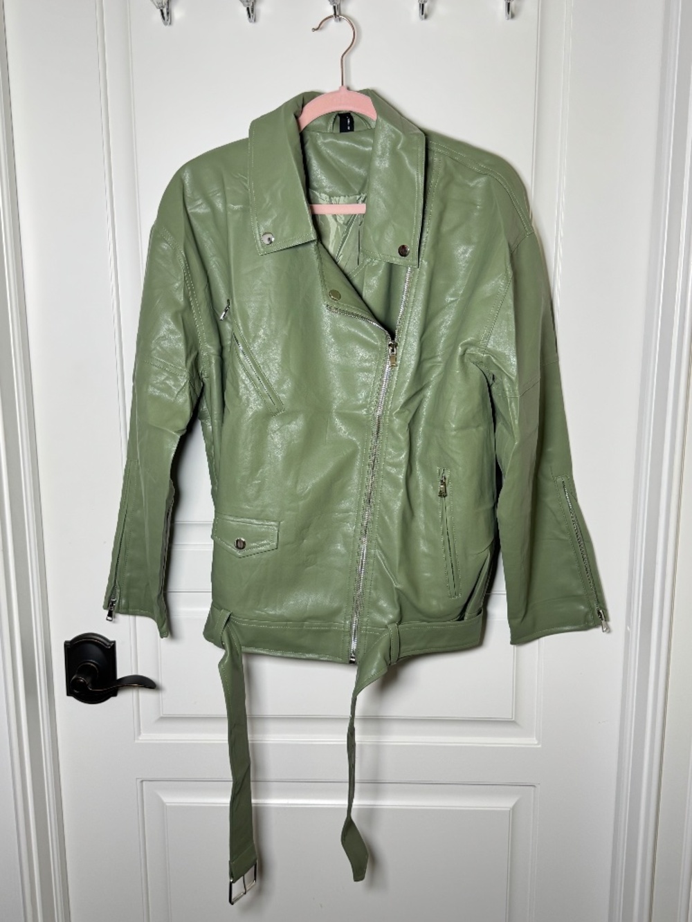 OLIVE GREEN ZIP UP FAUX LEATHER JACKET SIZE S/M - NWOT - Picture 15 of 16